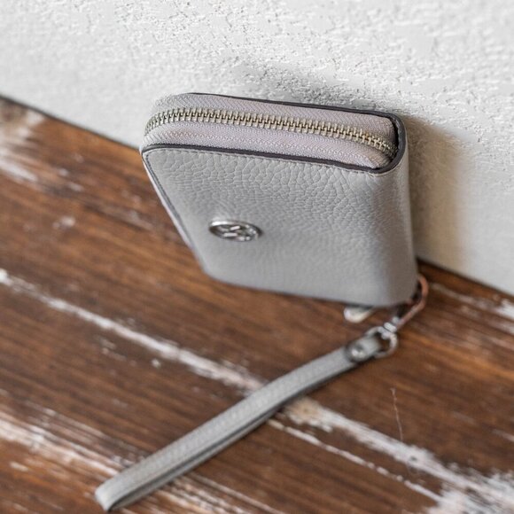 MICHAEL KORS GRAY PEBBLED LEATHER ZIP AROUND SILVER WALLET WRISTLET - Picture 8 of 12